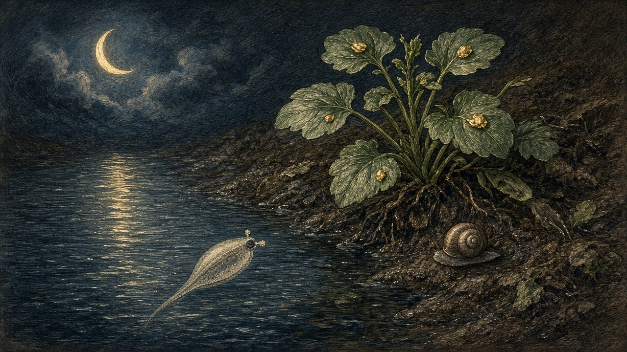 Tailed Charge: an illustration of the cercaria larva of Fasciola hepatica, which swims out and waits on a wet leaf