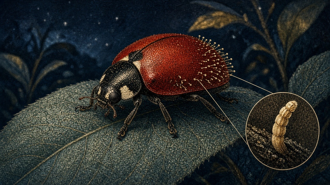 Insect Jewelry: an illustration of Laboulbeniales, an order of tiny fungi that live on the outside of insects (here Laboulbenia, with Hesperomyces on ladybirds)