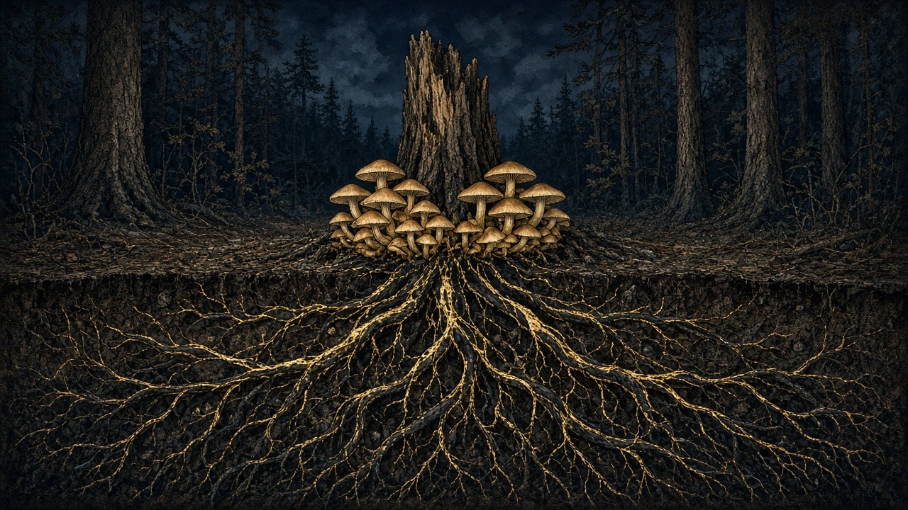 Black Boot Cords: an illustration of Armillaria ostoyae, a honey fungus and root pathogen, the "humongous fungus" of Oregon's Blue Mountains