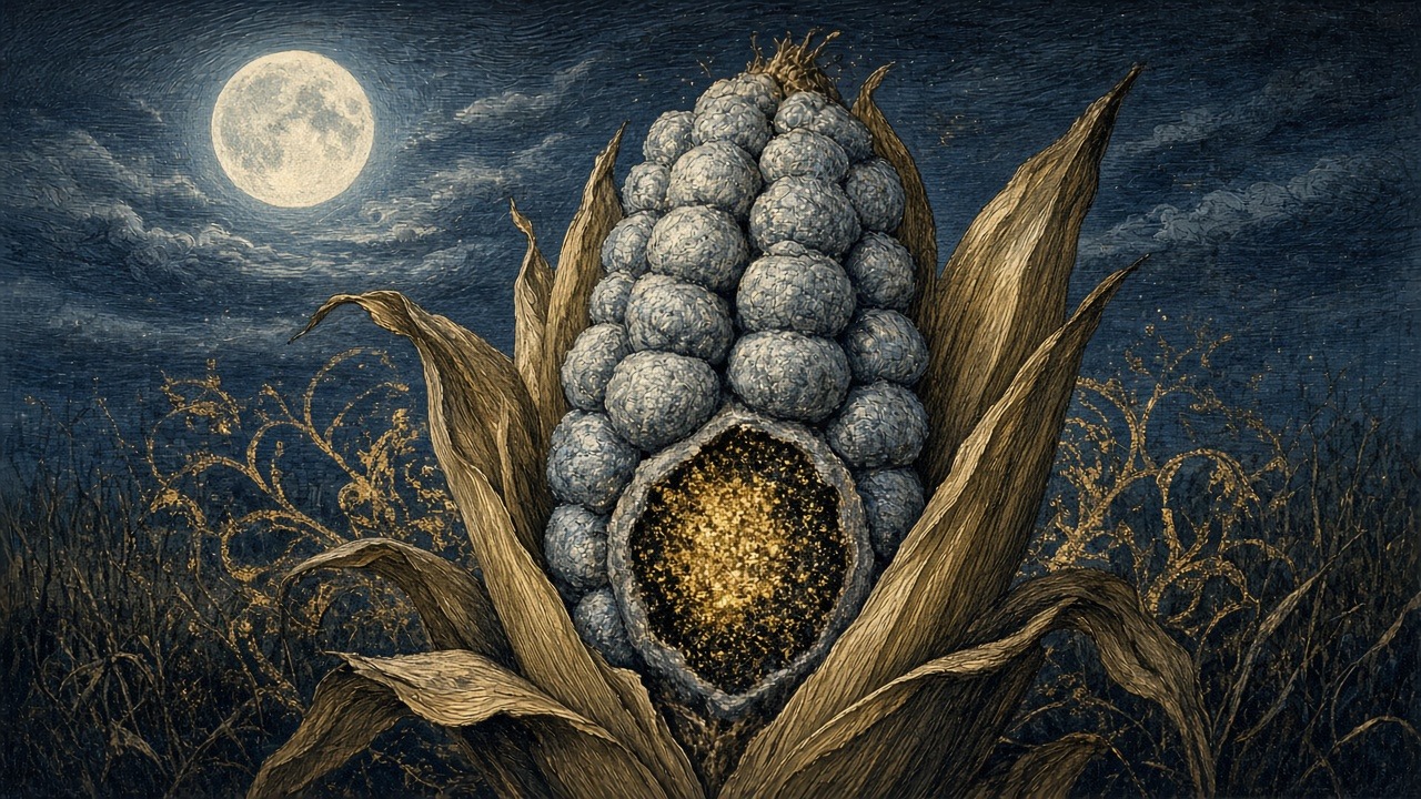 Huitlacoche Vault: an illustration of Ustilago maydis, corn smut, eaten as huitlacoche