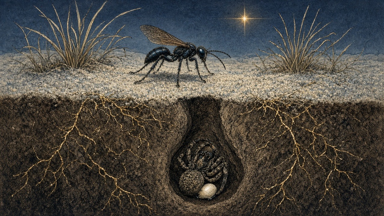 First Stillness: an illustration of Pompilidae, the spider wasps; in the caption, Anoplius cleora