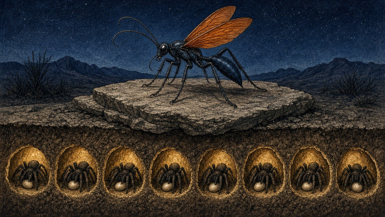 Law of the Paralytic Cache: an illustration of Pompilidae, the spider wasps, with the tarantula hawks of Pepsis as their crown