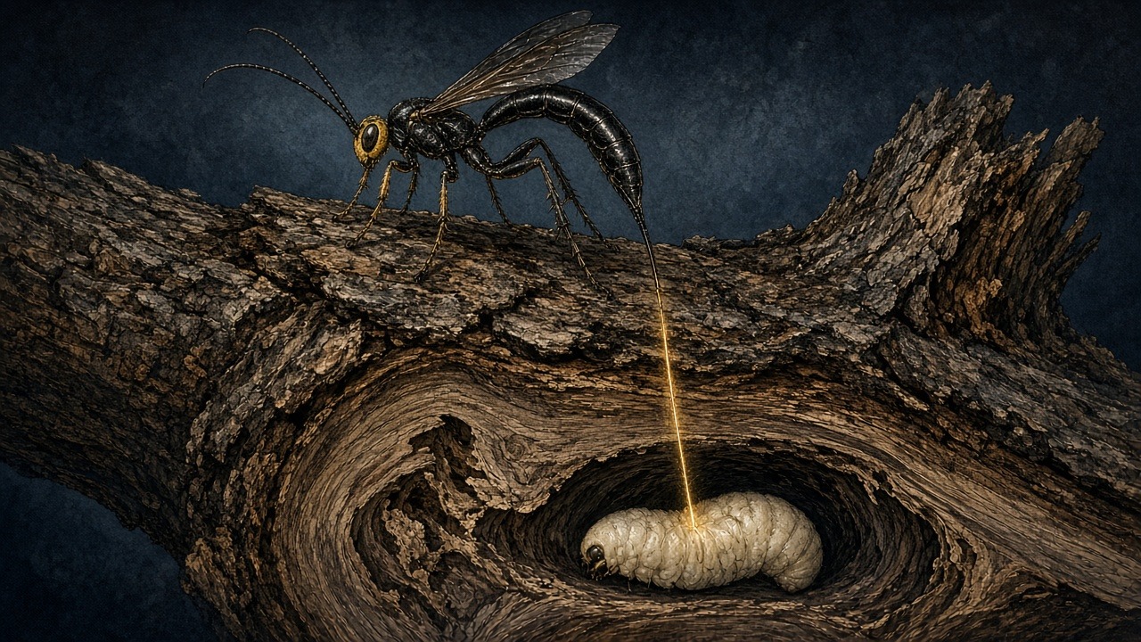 Lance Through Oak: an illustration of Megarhyssa atrata, the black giant ichneumon wasp