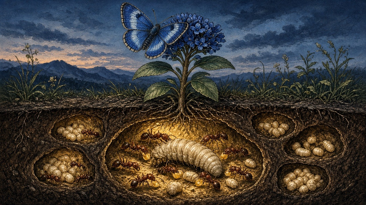 Blue Passport into the Nest: an illustration of Phengaris rebeli (long called Maculinea rebeli), a large blue butterfly, the suit's one guest who isn't a wasp or bee