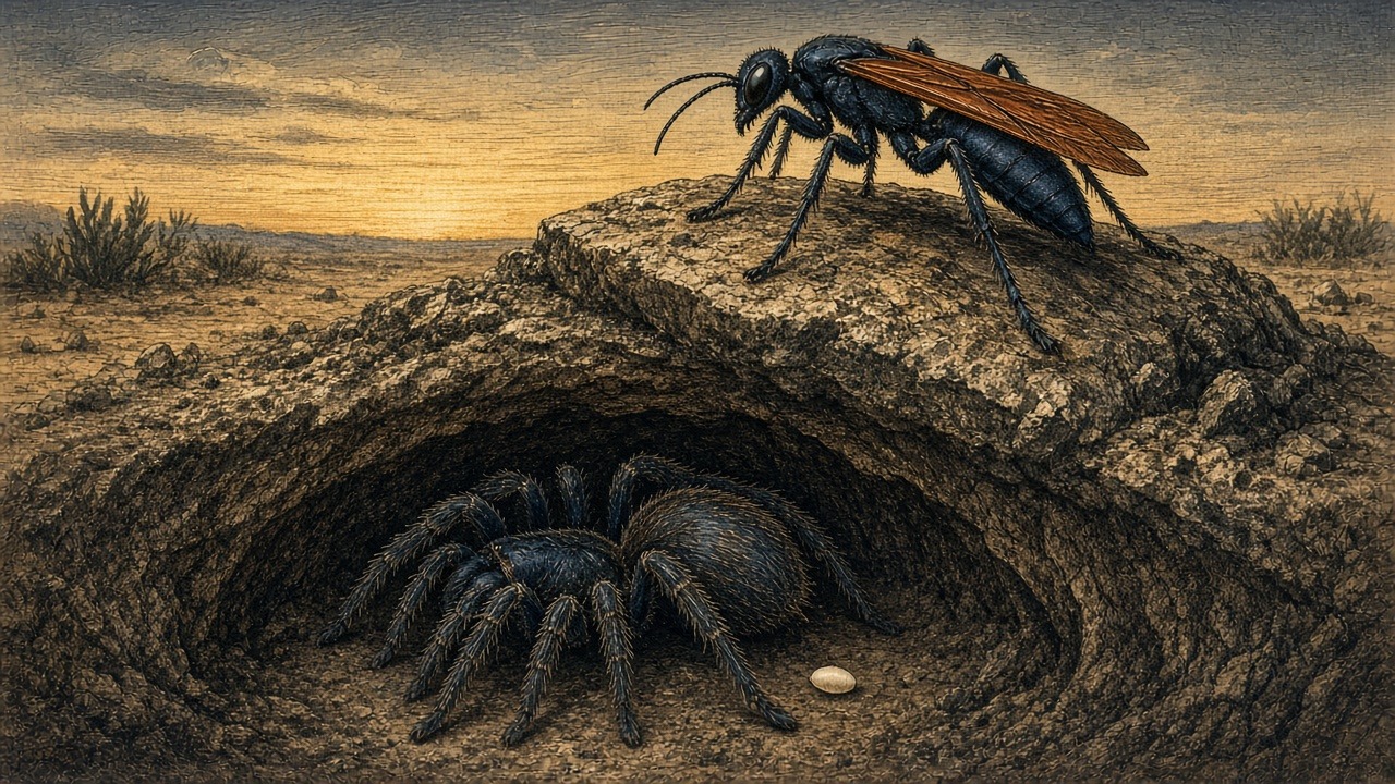 Sapphire Drag: an illustration of Pepsis thisbe, a tarantula hawk of the Texas desert