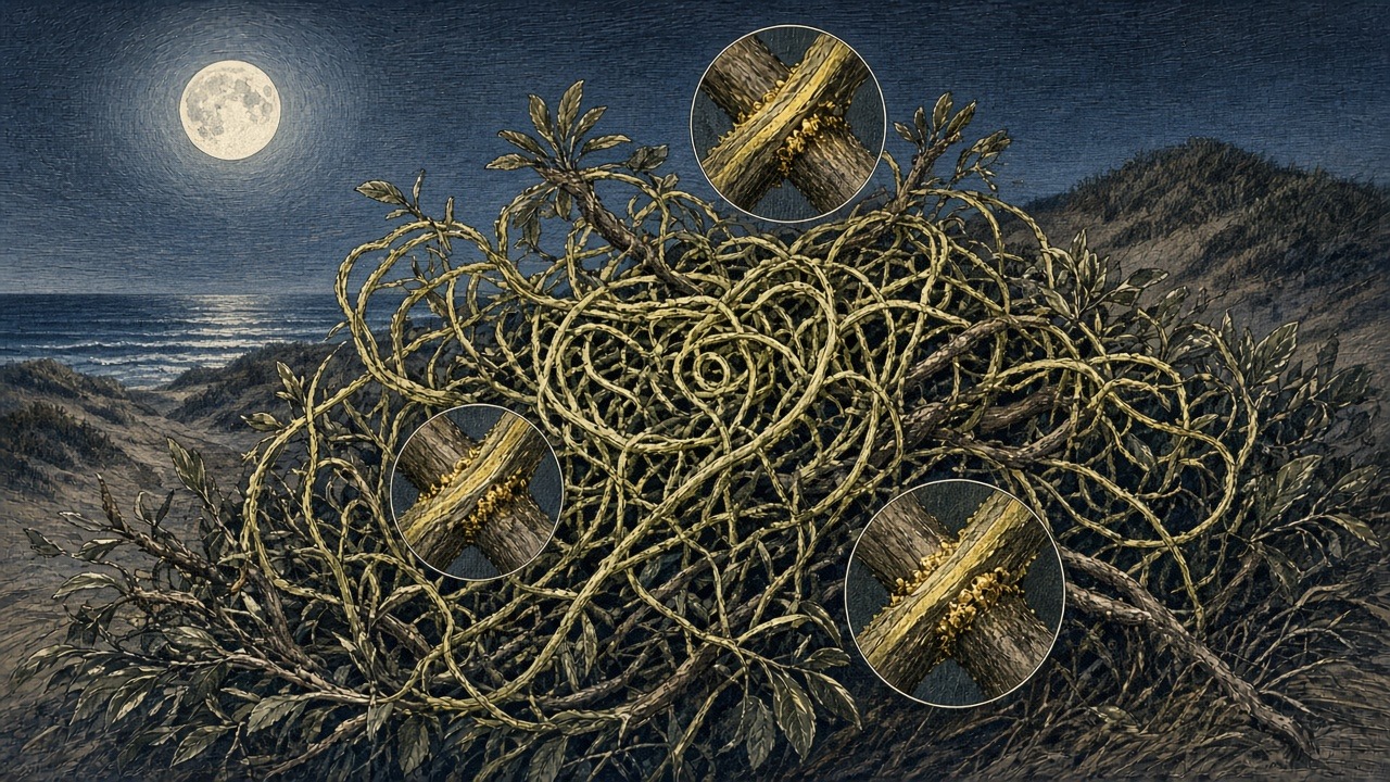 Mustard Coil: an illustration of Cassytha filiformis (love vine, devil's twine; Lauraceae), an aerial stem hemiparasite