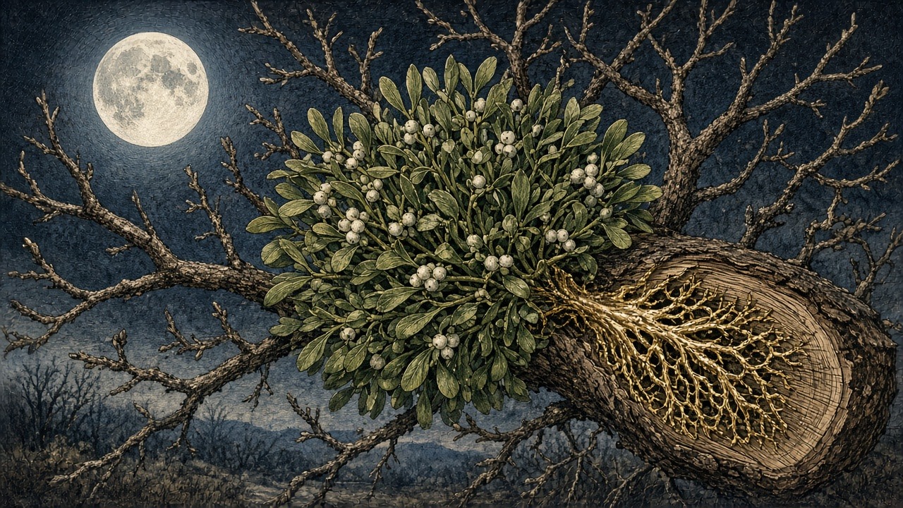 Pearl Load: an illustration of Phoradendron leucarpum (American mistletoe; Santalaceae, formerly Viscaceae), an aerial stem hemiparasite