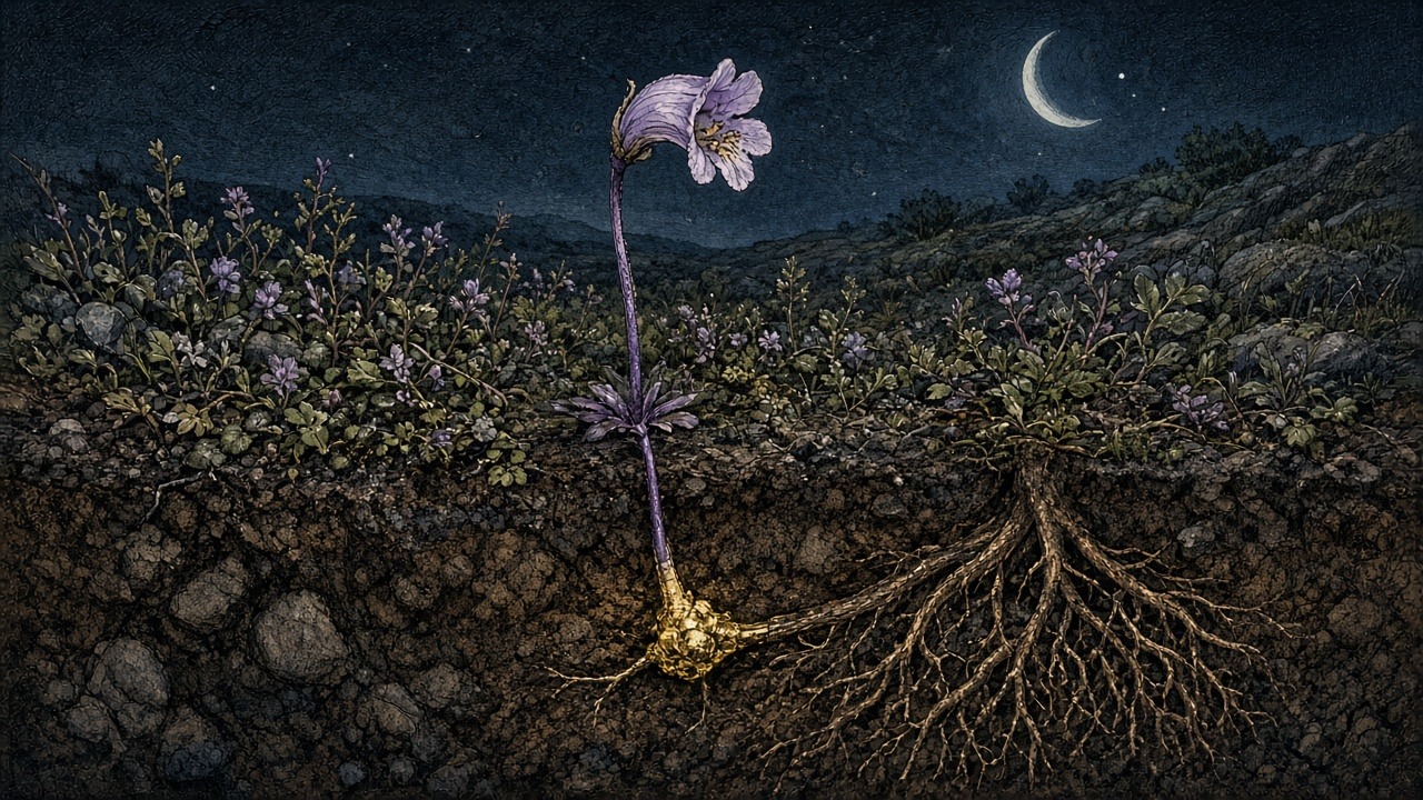 Single Violet Errand: an illustration of Orobanche uniflora (also Aphyllon uniflorum) (naked broomrape; Orobanchaceae), a holoparasite