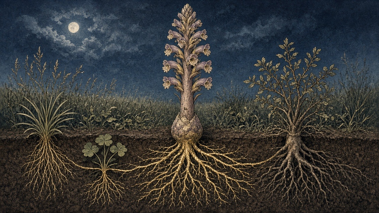 Court of Root Fire: an illustration of Orobanchaceae, the broomrape family: broomrapes, witchweeds, louseworts and kin