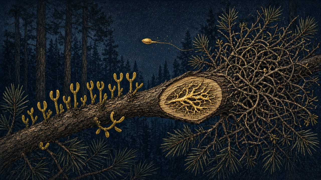 Pine Passport: an illustration of Arceuthobium americanum (American dwarf mistletoe; Santalaceae, formerly Viscaceae), an aerial stem parasite