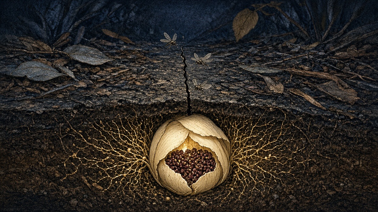Soil Chapel: an illustration of Rhizanthella gardneri (Western underground orchid; Orchidaceae), fully mycoheterotrophic, flowering underground